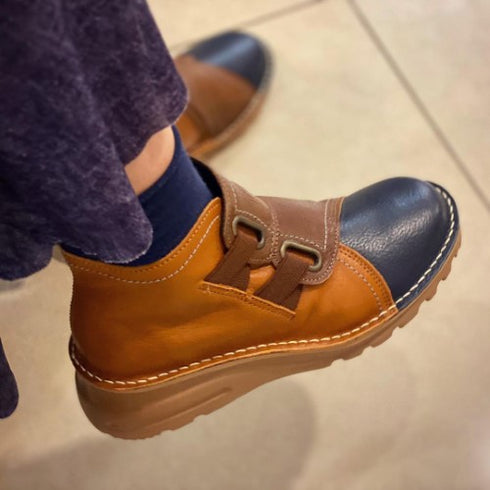 【TODAY'S 0110 ダークブルーキャメルオリーブ】国産本革サイドジップレザースニーカー