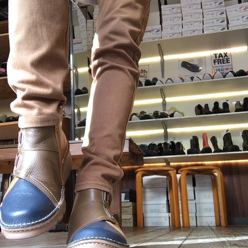 【TODAY'S 0110 ダークブルーキャメルオリーブ】国産本革サイドジップレザースニーカー