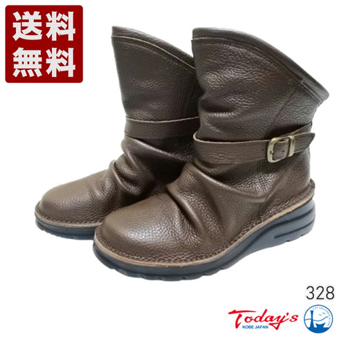 【TODAY'S 328 チョコレート】軽量本革バックルベルト付き バックジップブーツ