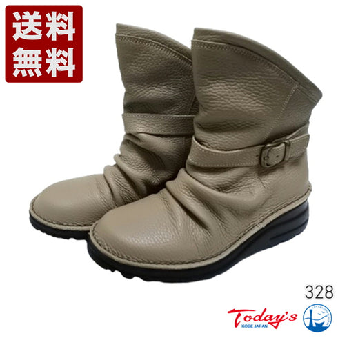 【TODAY'S 328 グレー】軽量本革バックルベルト付き バックジップブーツ
