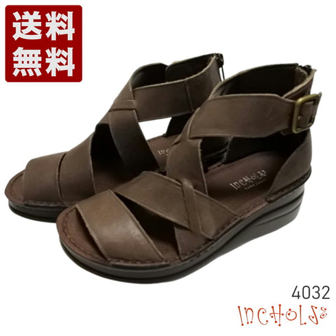 【インコルジェ4032 グレー】本革バックファスナー オープントゥブーツサンダル