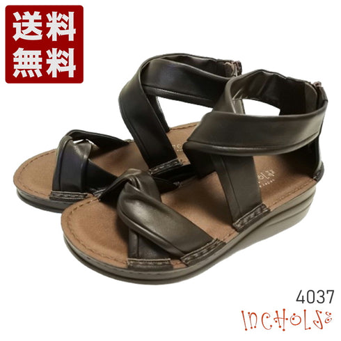 【インコルジェ4037 ダークブラウン】本革バックファスナー クロスリボンサンダル