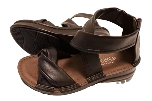 【インコルジェ4037 ダークブラウン】本革バックファスナー クロスリボンサンダル