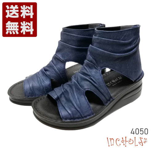 【インコルジェ 4050 ネイビー】本革クロスベルトくしゅふわショートブーツサンダル