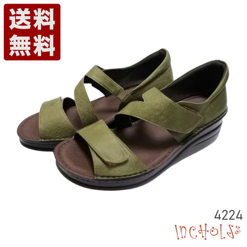【インコルジェ4224 カーキ】本革ダブルベルトデザインサンダル