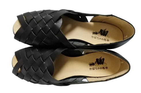 【かぼちゃの馬車 CA-57 ブラック】編み込みオープントゥシューズ