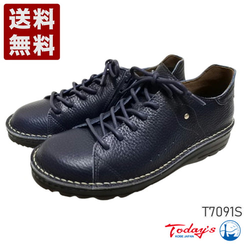 【TODAY'S T7091S ネイビー】シュリンクレザーサイドジップスニーカー レディース