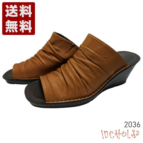 【インコルジェ 2036 ブラウン】本革ウェッジハイヒールオープントゥサンダル
