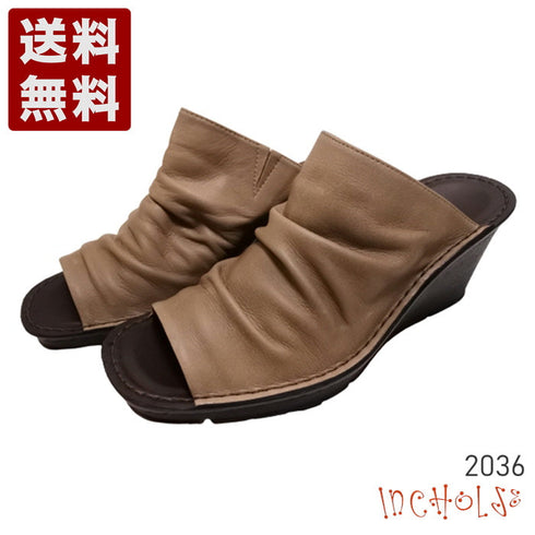 【インコルジェ 2036 オークベージュ】本革ウェッジハイヒールオープントゥサンダル