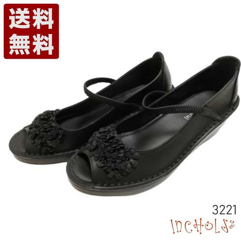 【インコルジェ 3221 ブラック】フラワーモチーフオープントゥシューズ