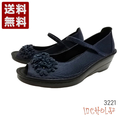 【インコルジェ 3221 ネイビー】フラワーモチーフオープントゥシューズ