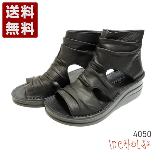 【インコルジェ 4050 ブラック】本革クロスベルトくしゅふわショートブーツサンダル