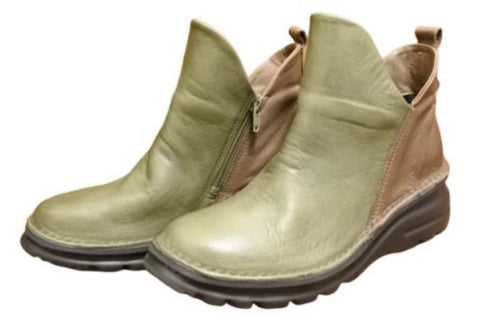 【TODAY's 7058 グリーン/グレー】幅広4EサイドジップV字カッティングショートブーツ