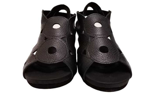 【arui_toe 7641 ブラック】伸縮ゴムバックストラップ本革コンフォートサンダル