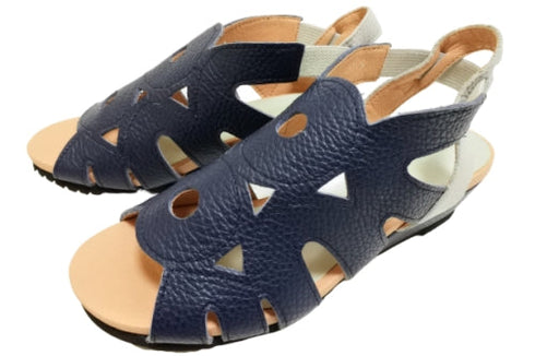 【arui_toe 7641 ネイビー】伸縮ゴムバックストラップ本革コンフォートサンダル