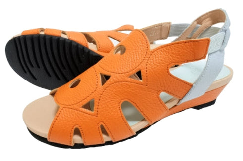 【arui_toe 7641 オレンジ】伸縮ゴムバックストラップ本革コンフォートサンダル