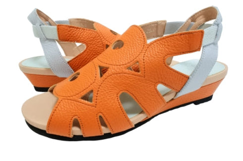 【arui_toe 7641 オレンジ】伸縮ゴムバックストラップ本革コンフォートサンダル