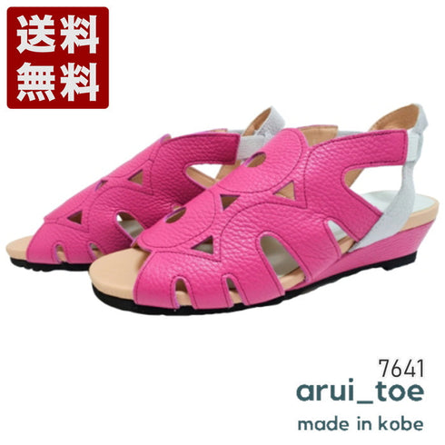 【arui_toe 7641 ピンク】伸縮ゴムバックストラップ本革コンフォートサンダル
