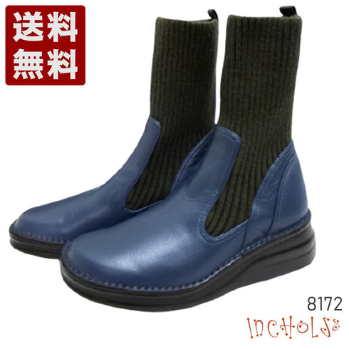 【インコルジェ8172 ネイビー】ヒール高ショートニットブーツ