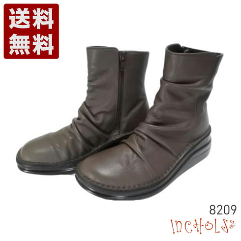 【インコルジェ 8209 ダークブラウン】くしゅっとかわいい本革幅広ショートブーツ