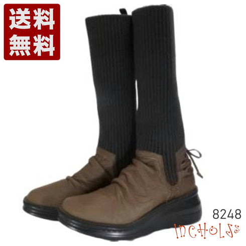 【インコルジェ8248 ダークブラウン】くしゅくしゅミドル丈レースアップニットブーツ