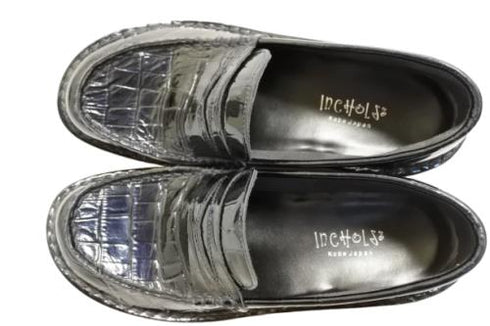 【インコルジェ 8476 ネイビー】クロコ型押し本革エナメルローファー