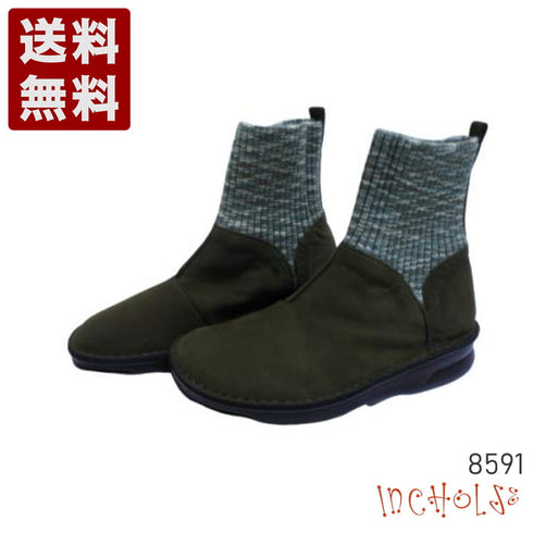 【インコルジェ8591 カーキ】マルチカラーニットローヒールブーツ