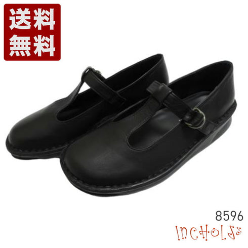 【インコルジェ 8596 ブラック】ローヒールやわらかTストラップシューズ
