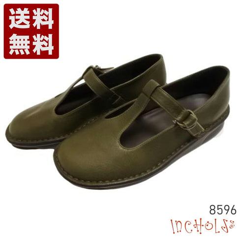 【インコルジェ 8596 オリーブ】ローヒールやわらかTストラップシューズ