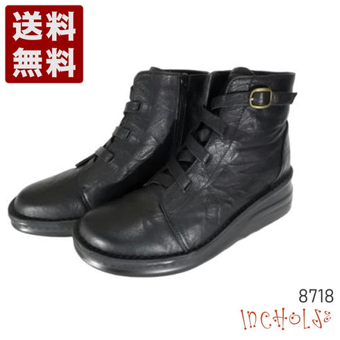 【インコルジェ8718 ブラック】レザーテープ靴紐ショートブーツ