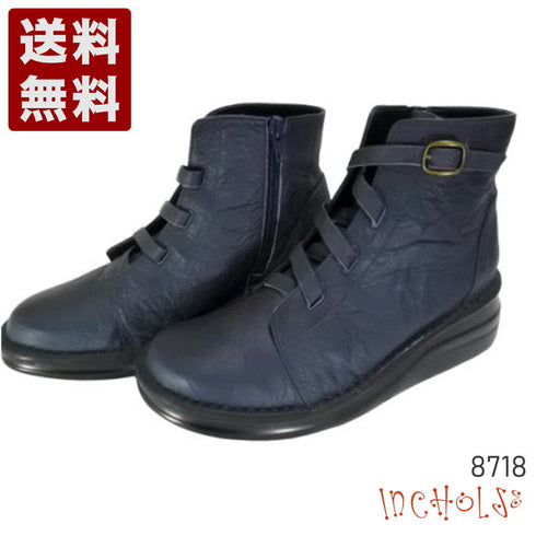【インコルジェ8718 ダークネイビー】レザーテープ靴紐ショートブーツ