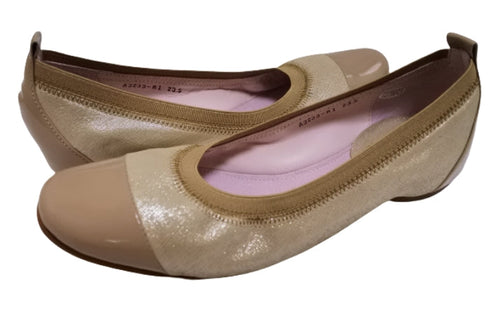 【…AShiOtO A3233 ベージュメタリックエナメル】超軽量 牛革ボロネーゼバレエパンプス