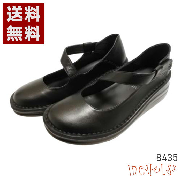 神戸旅靴屋【インコルジェ8435 ブラック】本革ななめストラップシューズ